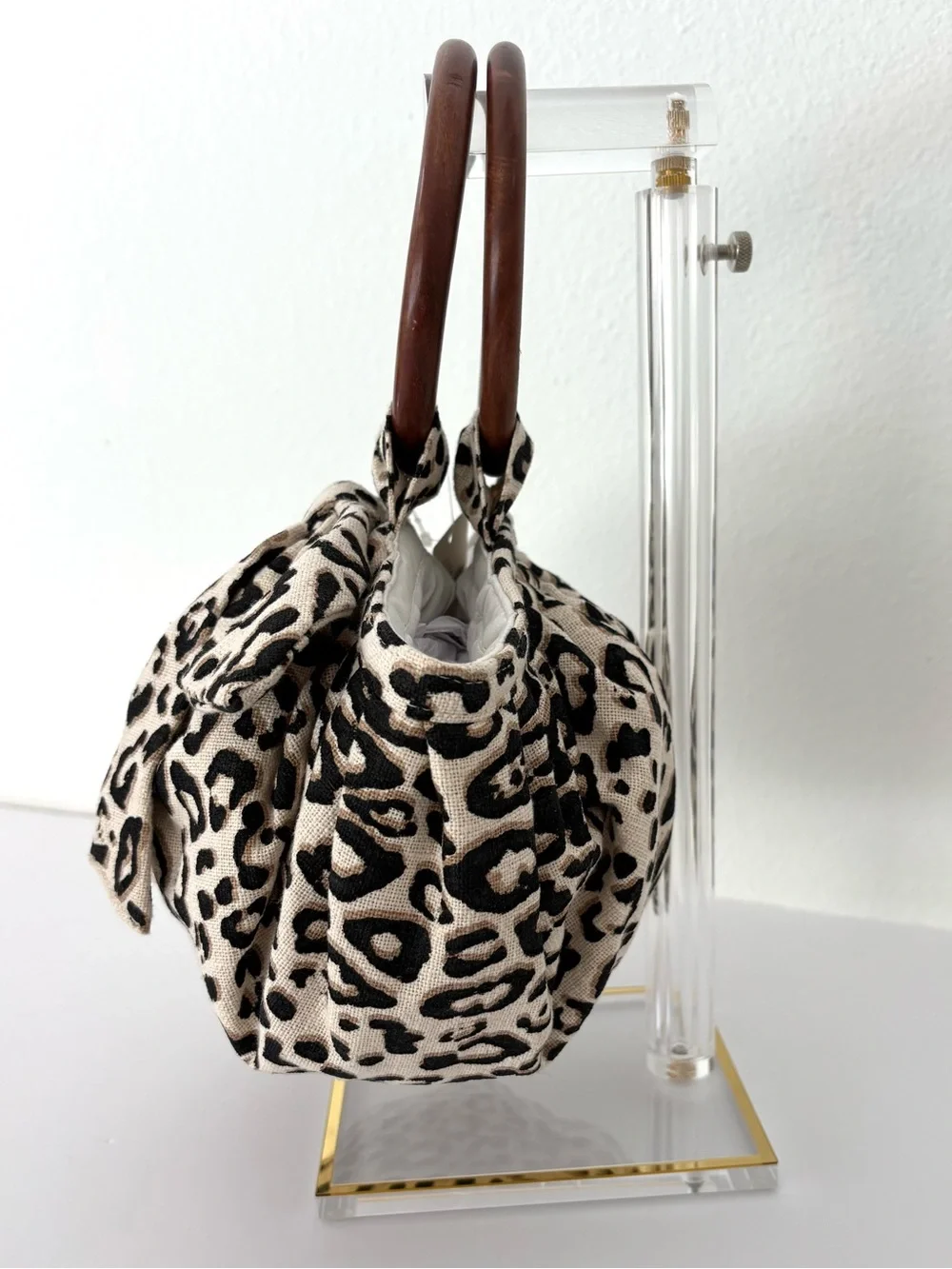 Anthropologie Pippa Bow-Tied Bag NWT Leopard Print Round Wooden Handles